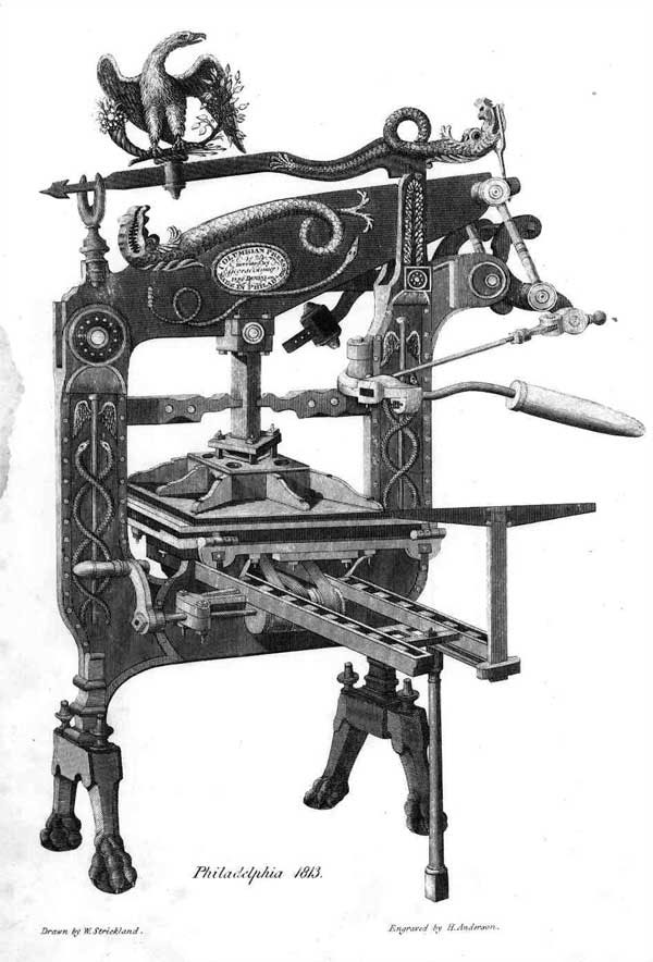 Printing press drawn by William Strickland, Philadelphia, 1813.